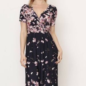 Navy Cherry Blossom Surplice Tulip Hem Maxi Dress